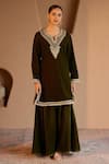Buy_Nero India_Olive Green Velvet Embroidery Split V-neck Kurta And Sharara Set _at_Aza_Fashions