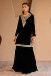 Shop_Nero India_Black Velvet Embroidery V-neck Kurta Sharara Set _at_Aza_Fashions