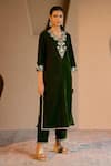 Shop_Nero India_Olive Green Velvet Embroidery V-neck Kurta Set _at_Aza_Fashions