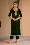 Buy_Nero India_Olive Green Velvet Embroidery V-neck Kurta Set _at_Aza_Fashions