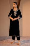Buy_Nero India_Blue Velvet Embroidery Round Neck Designer Kurta Set _at_Aza_Fashions