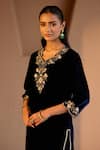 Nero India_Blue Velvet Embroidery Round Neck Designer Kurta Set _Online_at_Aza_Fashions