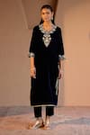 Shop_Nero India_Blue Velvet Embroidery Round Neck Designer Kurta Set _at_Aza_Fashions