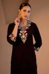 Nero India_Maroon Velvet Embroidery V-neck Kurta Pant Set _Online_at_Aza_Fashions