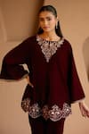 Nero India_Maroon Velvet Embroidery Round Neck Kurta Set _Online_at_Aza_Fashions