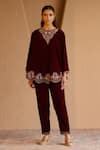 Buy_Nero India_Maroon Velvet Embroidery Round Neck Kurta Set _at_Aza_Fashions