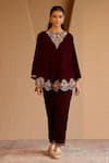 Shop_Nero India_Maroon Velvet Embroidery Round Neck Kurta Set _at_Aza_Fashions