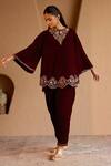 Shop_Nero India_Maroon Velvet Embroidery Round Neck Kurta Set _Online_at_Aza_Fashions