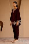 Nero India_Maroon Velvet Embroidery Round Neck Kurta Set _at_Aza_Fashions