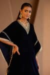 Nero India_Blue Velvet Zari, Embroidery V-neck Designer Kurta Set _Online_at_Aza_Fashions