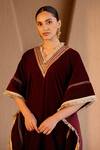 Nero India_Maroon Velvet Fringe V-neck Kurta Pant Set _Online_at_Aza_Fashions