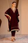 Buy_Nero India_Maroon Velvet Fringe V-neck Kurta Pant Set _at_Aza_Fashions