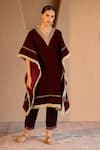 Shop_Nero India_Maroon Velvet Fringe V-neck Kurta Pant Set _Online_at_Aza_Fashions