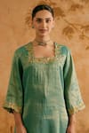 Shop_Nero India_Green Tissue Embroidery Square Neck Kurta Set _at_Aza_Fashions
