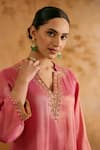 Shop_Nero India_Pink Tissue Embroidery V-neck Kurta And Pant Set _at_Aza_Fashions