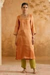 Buy_Nero India_Rust Tissue Embroidery Square Neck Kurta Pant Set _at_Aza_Fashions