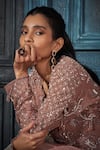 Rimple Agrawal_Rose Gold Georgette, Crepe Sequins, Embroidery V-neck Kurta Set _Online_at_Aza_Fashions