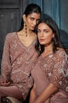 Buy_Rimple Agrawal_Rose Gold Georgette, Crepe Sequins, Embroidery V-neck Kurta Set 