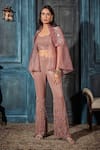 Buy_Rimple Agrawal_Rose Gold Organza Sequins, Embroidery Round Neck Cape And Pant Set _at_Aza_Fashions