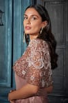 Rimple Agrawal_Rose Gold Net, Crepe Sequins, Embroidery Round Neck Corset Cape Set _Online_at_Aza_Fashions
