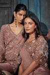 Shop_Rimple Agrawal_Rose Gold Net, Crepe Sequins, Embroidery Round Neck Corset Cape Set _Online_at_Aza_Fashions