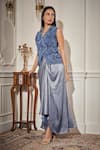 Rimple Agrawal_Blue Organza, Crepe Sequins, Embroidery V-neck Waistcoat And Draped Skirt Set _Online_at_Aza_Fashions