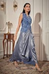 Shop_Rimple Agrawal_Blue Organza, Crepe Sequins, Embroidery V-neck Waistcoat And Draped Skirt Set _Online_at_Aza_Fashions
