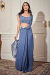 Buy_Rimple Agrawal_Blue Georgette, Net Sequins, Beads Designer Pre-draped Saree And Blouse Set _at_Aza_Fashions