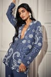 Buy_Rimple Agrawal_Blue Satin Sequins Plunge Neck Designer Embellished Pant Set _Online_at_Aza_Fashions
