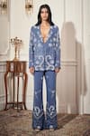 Rimple Agrawal_Blue Satin Sequins Plunge Neck Designer Embellished Pant Set _at_Aza_Fashions