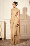 Rimple Agrawal_Gold Georgette, Net Sequins, Embroidery Round Neck Pre-draped Saree Set _Online_at_Aza_Fashions