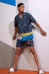 Nautanky_Navy Cotton, Linen Night Swan Shirt And Shorts Set _at_Aza_Fashions