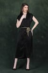 Buy_LABEL IVISH_Black Satin Collared Midi Dress With Golden Belt _at_Aza_Fashions
