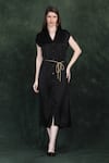 LABEL IVISH_Black Satin Collared Midi Dress With Golden Belt _at_Aza_Fashions