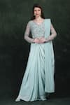 Buy_LABEL IVISH_Blue Silk, Net Beads, Sequins V-neck Hand Embroidered Draped Saree Gown _at_Aza_Fashions
