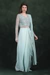 LABEL IVISH_Blue Silk, Net Beads, Sequins V-neck Hand Embroidered Draped Saree Gown _Online_at_Aza_Fashions