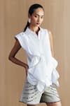 Buy_Mellowdrama_White Cotton Collared Zipper Frill Shirt _at_Aza_Fashions