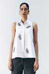 Buy_Mellowdrama_White Cotton Embroidery Collared Feather Embellished Shirt _at_Aza_Fashions
