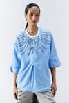 Buy_Mellowdrama_Blue Cotton Studs Round Neck Sunray Studded Stripe Top _at_Aza_Fashions