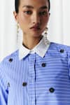 Mellowdrama_Blue Cotton Embroidery Collared Asymmetric Stripe Studded Shirt _at_Aza_Fashions