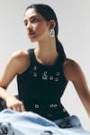 Shop_Mellowdrama_Black Cotton Round Neck Eyelet Rib Top _Online_at_Aza_Fashions