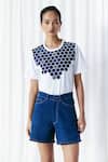 Buy_Mellowdrama_White Cotton Embroidery Crew Neck Honeycomb Patch Embellished T-shirt _Online_at_Aza_Fashions