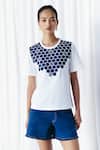 Buy_Mellowdrama_White Cotton Embroidery Crew Neck Honeycomb Patch Embellished T-shirt _at_Aza_Fashions