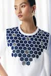 Mellowdrama_White Cotton Embroidery Crew Neck Honeycomb Patch Embellished T-shirt _at_Aza_Fashions