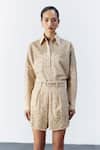 Shop_Mellowdrama_Beige Cotton Mirrors Stripe Embellished Shorts _Online_at_Aza_Fashions