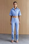 Buy_Mellowdrama_Blue Cotton Mirrors Chambray Embellished Pants _at_Aza_Fashions