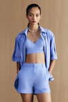 Buy_Mellowdrama_Blue Cotton Embroidery Collared, Scoop Neck Chambray Embellished Coordinated Set _Online_at_Aza_Fashions
