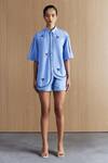 Shop_Mellowdrama_Blue Cotton Embroidery Collared, Scoop Neck Chambray Embellished Coordinated Set _Online_at_Aza_Fashions