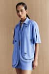 Mellowdrama_Blue Cotton Embroidery Collared, Scoop Neck Chambray Embellished Coordinated Set _at_Aza_Fashions