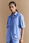 Buy_Mellowdrama_Blue Cotton Embroidery Collared Chambray Embellished Hi-low Shirt _Online_at_Aza_Fashions